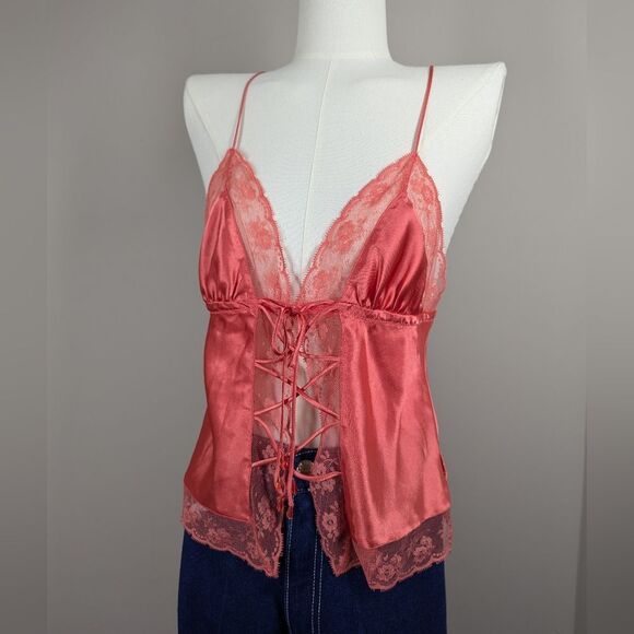 a Senza Pink Satin Lace-Up Cami – Size M – Lace Trim & Beaded Ties - Picture 1 of 8